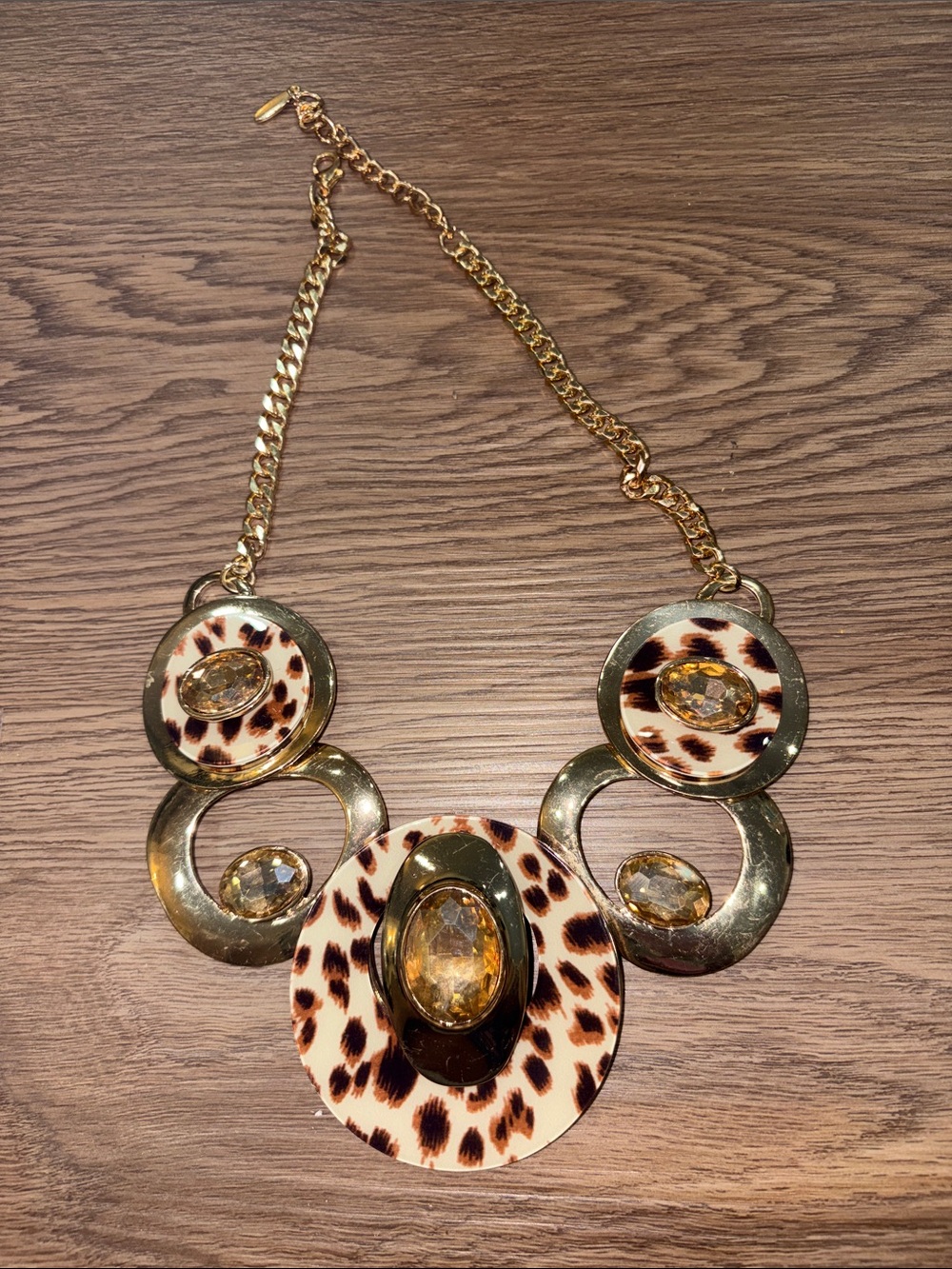 20-Natasha Couture Gold-Tone Leopard Print Necklace with Amber Stones